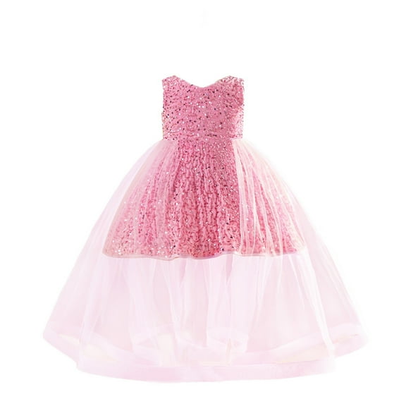 MIXUE Toddler Girls Casual Dresses Summer Sequins Solid Color Crew Neck Ruffle Sleeveless Mesh Lace Princess Dress Beachwear,Pink,3-4 Years