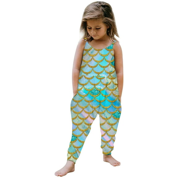 MIXUE Toddler Girls Jumpsuits & Rompers Casual fish scale print Strappy Sleeveless Pants Bodysuits Activewear,Green,2-3 Years