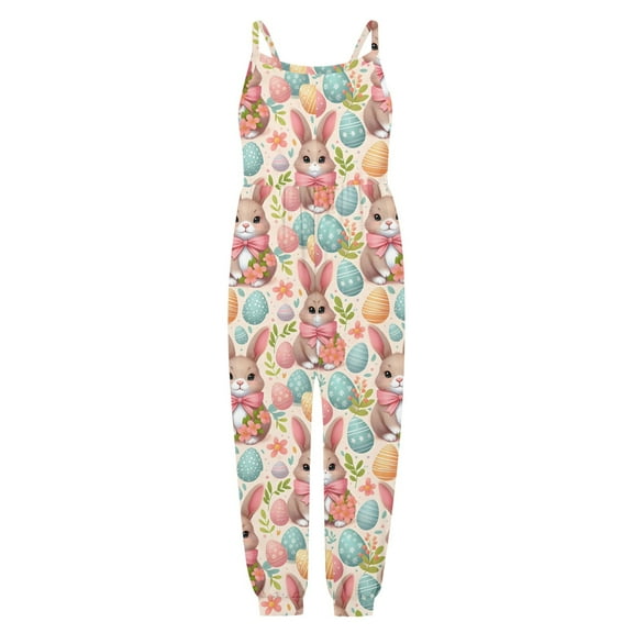 MIXUE Toddler Girls Jumpsuits & Rompers Kids One-pieces Floral Cartoon Easter Bunny Strappy Sleeveless Playsuit Summer Bodysuits Daily-Wear,Orange,7-8 Years