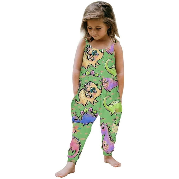MIXUE Toddler Girls Jumpsuits & Rompers Kids One-pieces cartoon Dinosaur print Strappy sleeveless Summer Bodysuits Holiday Wear,Green,2-3 Years