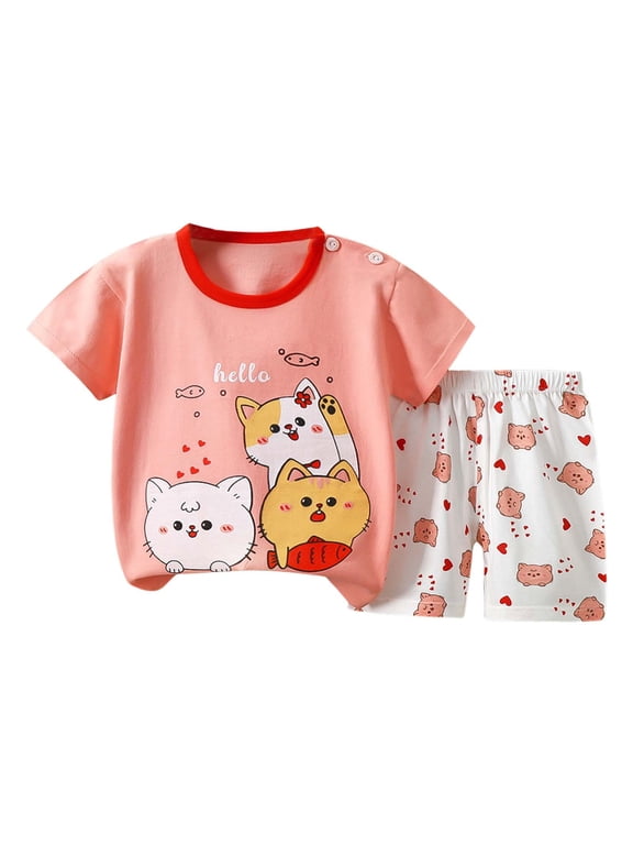 Toddler Girls Outfit Sets Boys Summer Cartoon Printed Short Sleeved Tops With Shorts 2Pc Suit Outwear,Pink,4-5 Years