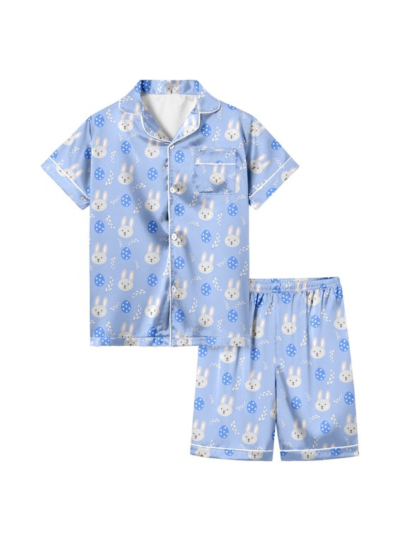 Toddler Girls Outfit Sets Easter Bunny Lapel Short Sleeve Tops With Shorts Casual Comfortable Stylish Sleepwear Outwear,Blue,3-4 Years