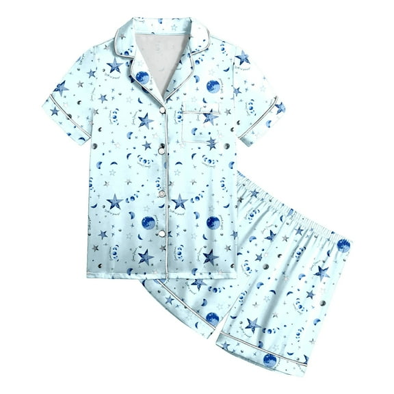 MIXUE Toddler Girls Outfit Sets Kids Graphic Print Short Sleeve Button Shirts With Shorts 2 Piece Pajamas Outwear,Blue,4-5 Years