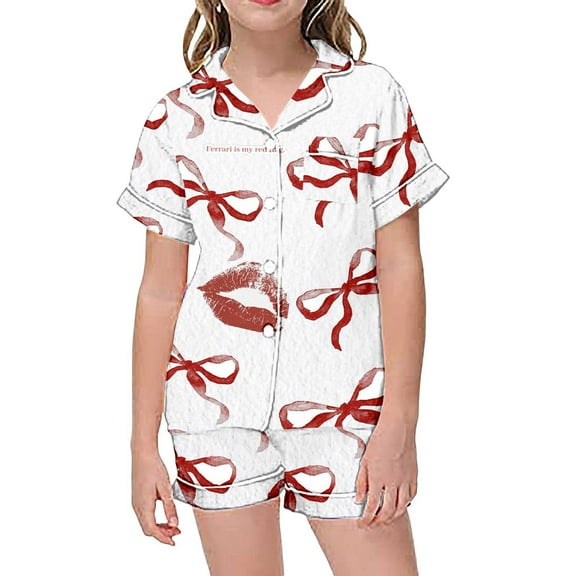 MIXUE Toddler Girls Outfit Sets Kids Graphic Print Short Sleeve Button Shirts With Shorts 2 Piece Pajamas Streetwear,Pink,4-5 Years