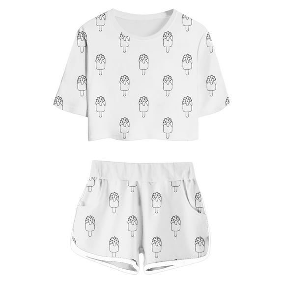 MIXUE Toddler Girls Outfit Sets Kids Summer Cute Diy Ice Cream Print Round Neck Short Sleeve Shirts Tops And Elastic Waist Shorts Casual Sleepwear Sports Sportwear,White,9-10 Years