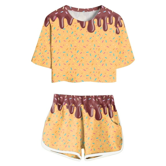 MIXUE Toddler Girls Outfit Sets Kids Summer Ice Cream Print Crew Neck Short Sleeve T Shirts Tops And Shorts 2 Piece Pajamas Streetwear,Brown,9-10 Years