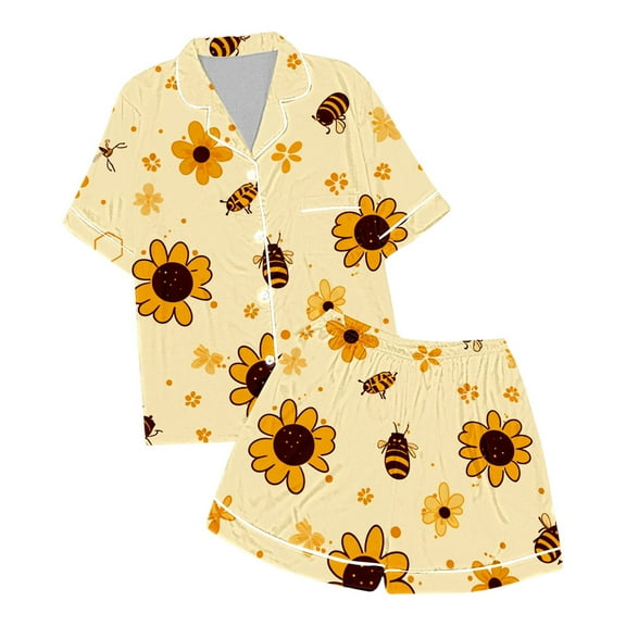 MIXUE Toddler Girls Outfit Sets Silk Summer Bee Festival Print Lapel Short Sleeve T Shirt Shorts Two Piece Pajamas Daily-Wear,Beige,2-3 Years