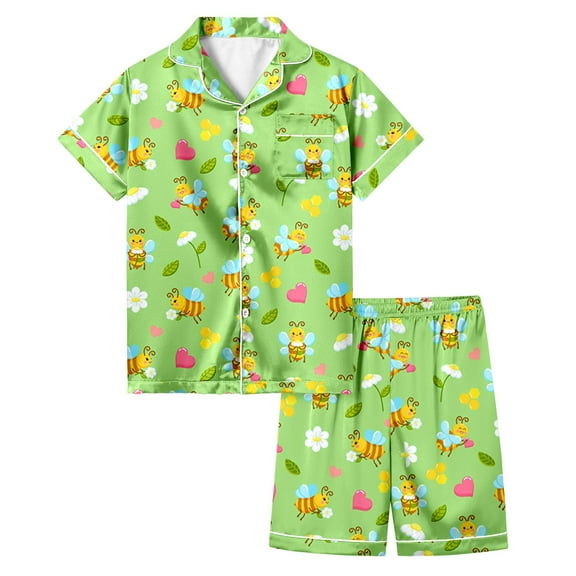 MIXUE Toddler Girls Outfit Sets Summer Bee Festival Cartoon Print Button Down Lapel Short Sleeve Tops Shorts Two Piece Pajamas Outwear,Green,3-4 Years