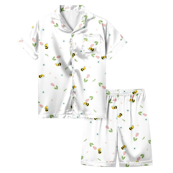 MIXUE Toddler Girls Outfit Sets Summer Bee Festival Print Button Down Lapel Short Sleeve Tops Shorts Two Piece Pajamas Outwear,White,3-4 Years