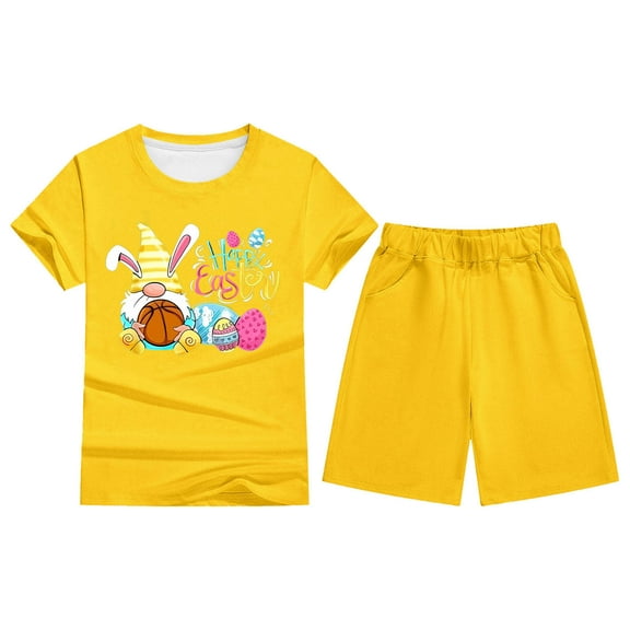 MIXUE Toddler Girls Outfit Sets Summer Easter Bunny Cartoon Print Crew Neck Short Sleeve T Shirt Tops Shorts Two Piece Pajamas Daily-Wear,Yellow,3-4 Years