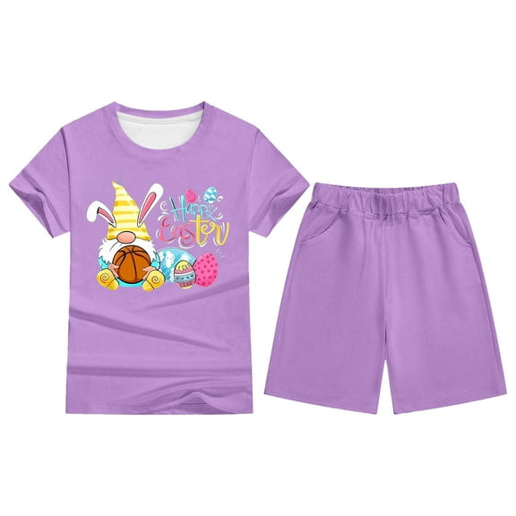 MIXUE Toddler Girls Outfit Sets Summer Easter Bunny Cartoon Print Crew Neck Short Sleeve T Shirt Tops Shorts Two Piece Pajamas Outwear,Purple,4-5 Years