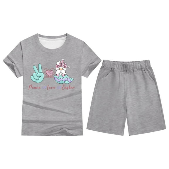 MIXUE Toddler Girls Outfit Sets Summer Easter Bunny Print Crew Neck Short Sleeve T Shirt Tops And Shorts Two Piece Pajamas Outwear,Gray,4-5 Years