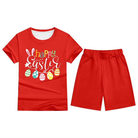MIXUE Toddler Girls Outfit Sets Summer Easter Bunny Print Crew Neck Short Sleeve T Shirt Tops Shorts Two Piece Pajamas Daily-Wear,Red,3-4 Years