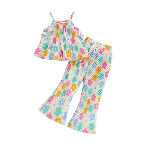 MIXUE Toddler Girls Outfit Sets Summer Floral Print Spaghetti Strap Camisole Tops And Flared Pants Two Piece Activewear,Multicolor,3-4 Years