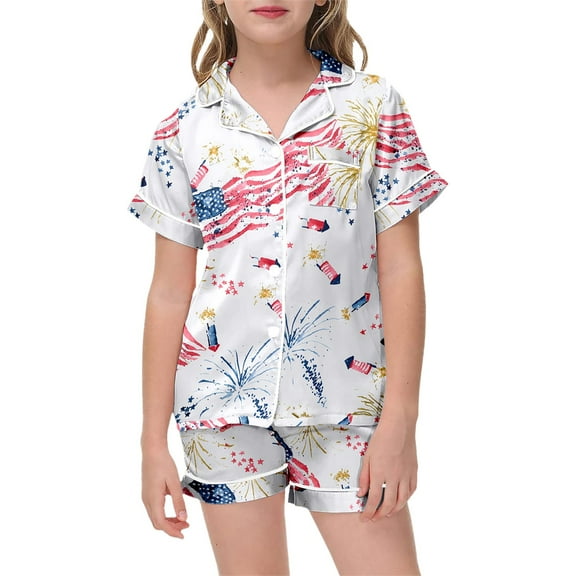 MIXUE Toddler Girls Outfit Sets Summer Fourth Of July Independence Day Flag Print Lapel Button Down Short Sleeve Shirts And Shorts 2 Piece Pajamas Activewear,Red,3-4 Years
