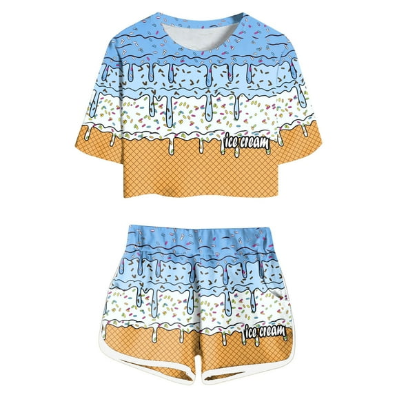 MIXUE Toddler Girls Outfit Sets Summer Ice Cream Print Crew Neck Short Sleeve T Shirt Tops Shorts Casual 2 Piece Pajamas Activewear,Blue,4-5 Years