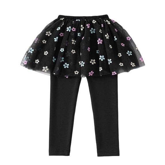 MIXUE Toddler Girls Pants Children'S Leggings Flowers Prints Trousers Two Culottes Spring Autumn Shaggy Yarn Skirt Outwear,Black,4-5 Years