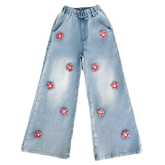 MIXUE Toddler Girls Pants 'S Bowknot Jeans Wide Leg Flare Cargo Jeans Boot Cut Bottom Denim Baggy Blue Jeans Streetwear,Pink,6-7 Years