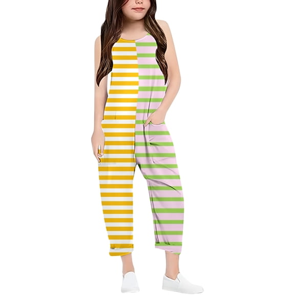 MIXUE Toddler Girls Pants Striped Print Casual V Strap Romper Loose Casual Romper With Pocket Outwear,Yellow,5-6 Years
