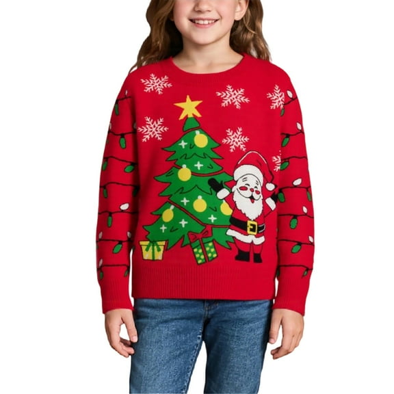MIXUE Toddler Girls Sweaters Holiday Pullover Xmas Tree Print Kids Sweater Winter Christmas Day Boys Knit Outerwear
