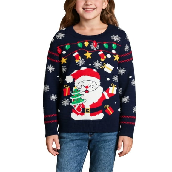 MIXUE Toddler Girls Sweaters Holiday Winter Santa Claus Print Knitted Comfortable Christmas Day Girls Crewneck Outerwear