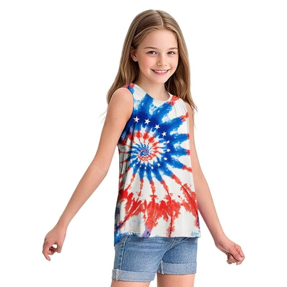 MIXUE Toddler Girls T-Shirts & Tank Tops Summer Fourth Of July Independence Day Tie Dye Print Round Neck Sleeveless Loose Casual Tshirts Holiday Wear,Blue,2-3 Years