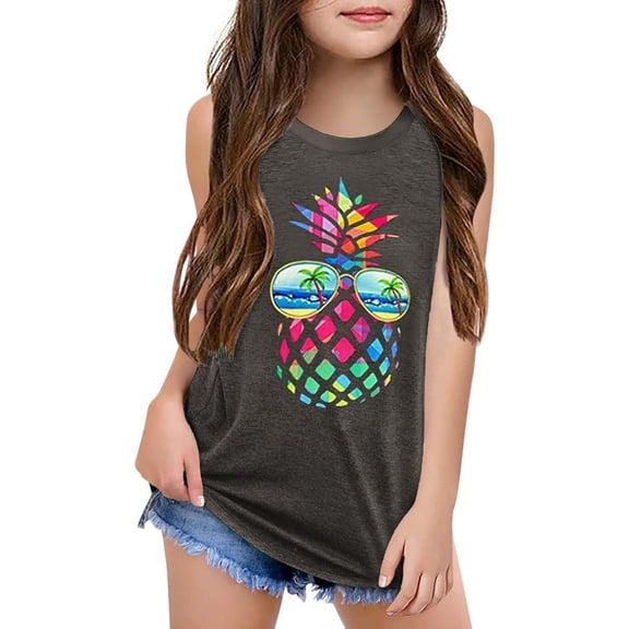 MIXUE Toddler Girls T-Shirts & Tank Tops Summer Pineapple Print Round Neck Sleeveless Loose Casual T Shirts Activewear,Gray,4-5 Years