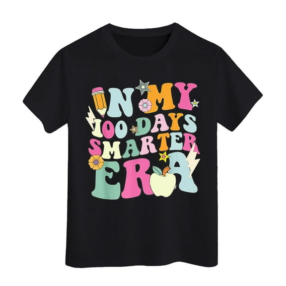 MIXUE Toddler Girls Tops & T-Shirts 100 Days Of School Letter Print Round Neck Short Sleeve Casual Pullover Tee Shirts Sportwear,Black,3-4 Years