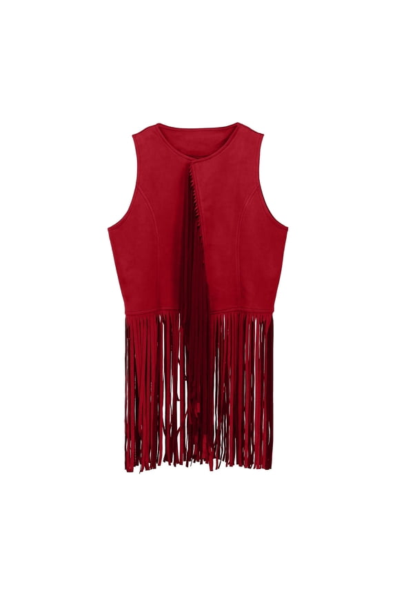 Toddler Girls Tops & T-Shirts 60S 70S Western Cow Vest Outfits Hippie Set Fringe Tassel Vest Party Tops Pullover T Shirts Daily-Wear,Red,3-4 Years