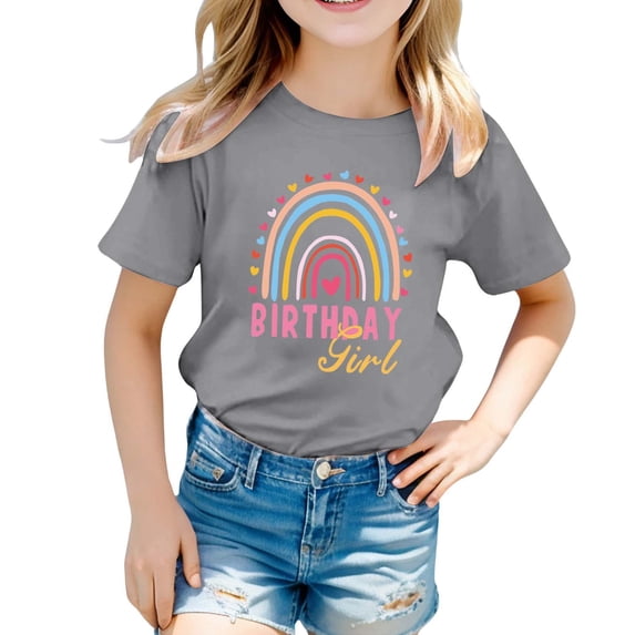 MIXUE Toddler Girls Tops & T-Shirts Birthday Rainbow Print Round Neck Short Sleeve Party Tops Pullover Tee Shirts Streetwear,Gray,10-11 Years