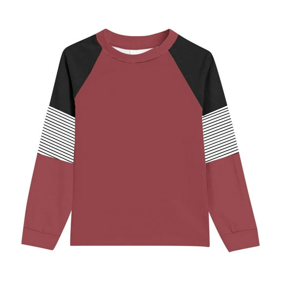 MIXUE Toddler Girls Tops & T-Shirts Casual Big Kids Long Sleeve Striped Color Block Casual Pockets Pullover Tee Shirts Streetwear,Red,4-5 Years