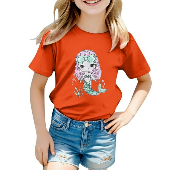 MIXUE Toddler Girls Tops & T-Shirts Cute Graphic Ocean Animal Print Round Neck Short Sleeve Tops Pullover T Shirts Activewear,Orange,10-11 Years