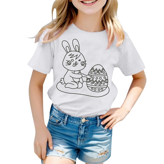 MIXUE Toddler Girls Tops & T-Shirts Easter Bunny Diy Print Crew Neck Short Sleeve Tops Pullover Tee Shirts Streetwear,White,2-3 Years