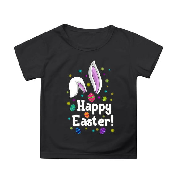 MIXUE Toddler Girls Tops & T-Shirts Easter Bunny Round Neck Short Sleeve Casual Solid Color Tops Pullover Tee Shirts Streetwear,Black,3-4 Years