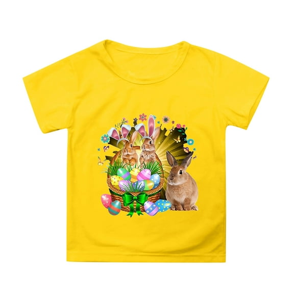 MIXUE Toddler Girls Tops & T-Shirts Easter Bunny Round Neck Short Sleeve Casual Solid Color Tops Pullover Tee Shirts Streetwear,Yellow,3-4 Years