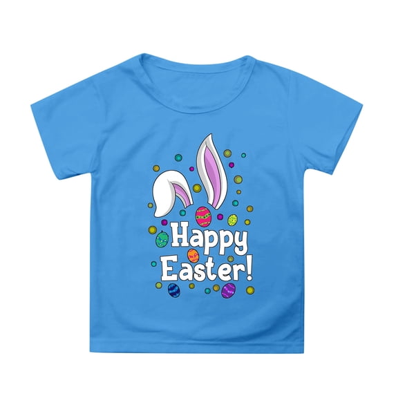 MIXUE Toddler Girls Tops & T-Shirts Easter Bunny Round Neck Short Sleeve Casual Solid Color Tops Pullover Tshirts Holiday Wear,Blue,4-5 Years