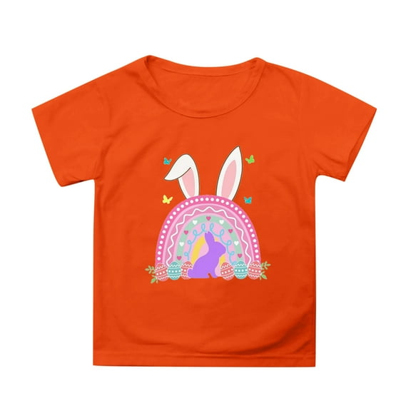 MIXUE Toddler Girls Tops & T-Shirts Easter Bunny Round Neck Short Sleeve Casual Solid Color Tops Pullover Tshirts Holiday Wear,Orange,4-5 Years