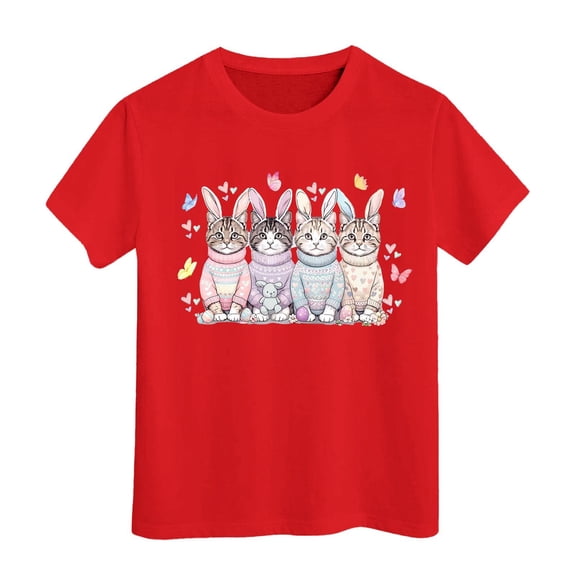 MIXUE Toddler Girls Tops & T-Shirts Easter Eggs Bunny Kids Round Neck Short Sleeve Summer Casual Pullover T Shirts Activewear,Red,4-5 Years