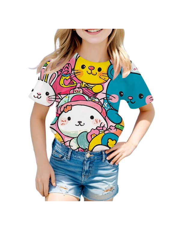 Toddler Girls Tops & T-Shirts Fashion Casual Easter Bunny Print Round Neck Loose Short Sleeve Pullover T Shirts Daily-Wear,Blue,4-5 Years