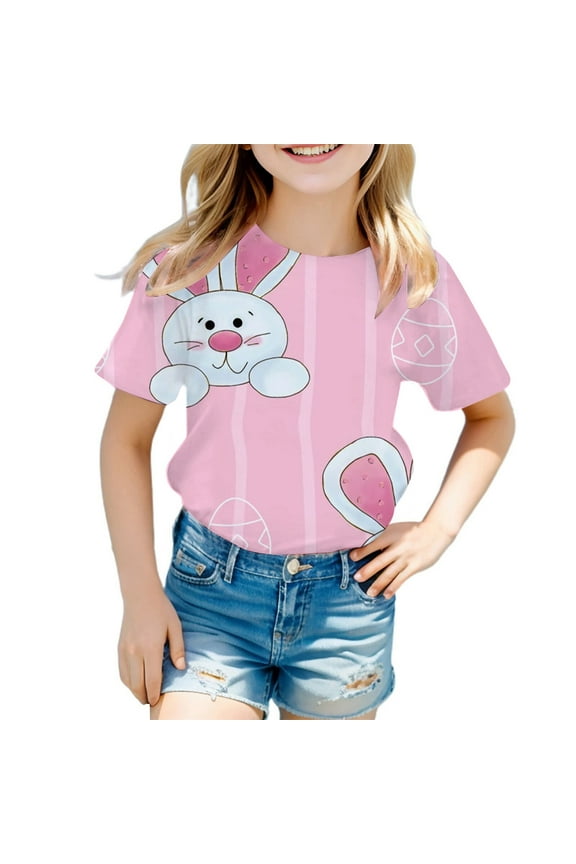 Toddler Girls Tops & T-Shirts Fashion Casual Easter Bunny Print Round Neck Loose Short Sleeve Pullover Tshirts Outwear,Pink,3-4 Years