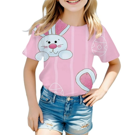 MIXUE Toddler Girls Tops & T-Shirts Fashion Casual Easter Bunny Print Round Neck Loose Short Sleeve Pullover Tshirts Outwear,Pink,3-4 Years