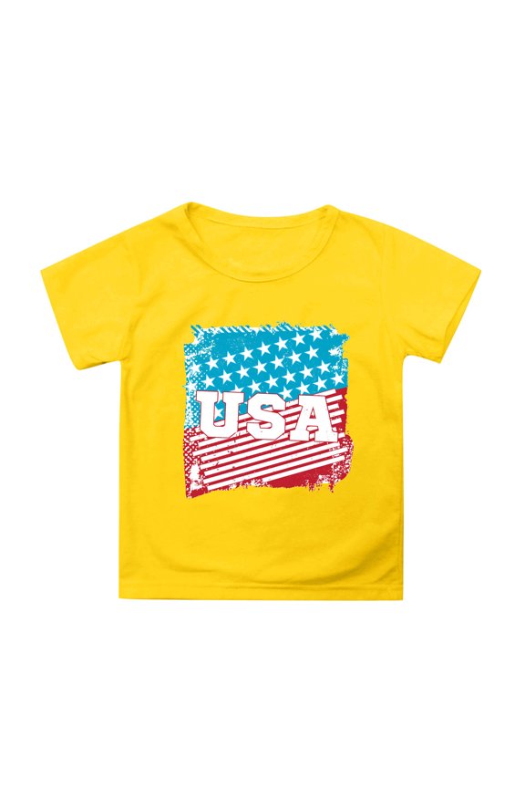 Toddler Girls Tops & T-Shirts Independence Day Flag Print 4Th Of July Round Neck Short Sleeve Tops Pullover Tshirts Outwear,Yellow,3-4 Years