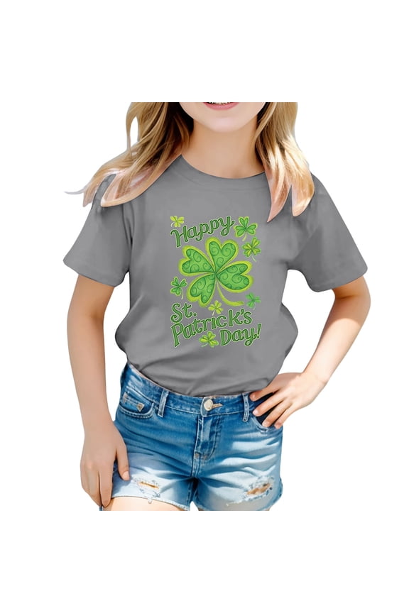 Toddler Girls Tops & T-Shirts Kid Cute Saint Patrick'S Day Round Neck Short Sleeve Summer Casual Pullover T Shirts Activewear,Gray,2-3 Years