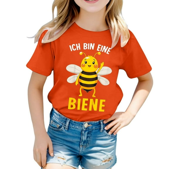 MIXUE Toddler Girls Tops & T-Shirts Kids Bee Print Loose Casual Short Sleeve Lightweight Summer Pullover T Shirts Daily-Wear,Orange,4-5 Years