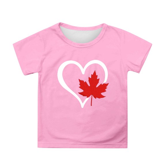 MIXUE Toddler Girls Tops & T-Shirts Kids Children Canada Print Short Sleeve Crewneck Casual Fit Basic Tops Pullover T Shirts Daily-Wear,Pink,8-9 Years