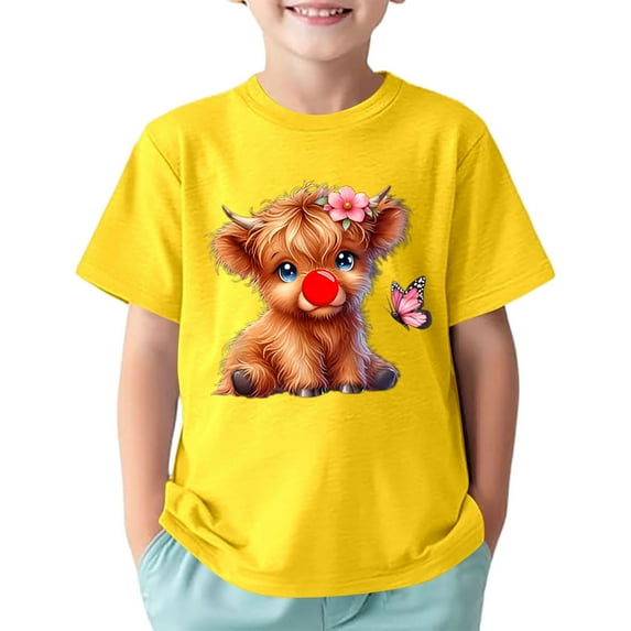 MIXUE Toddler Girls Tops & T-Shirts Kids Children Cartoon Cow Print Crew Neck Short Sleeve Sports Casual Comfortable Tops Pullover Tshirts Outwear,Yellow,5-6 Years