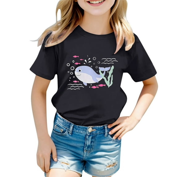 MIXUE Toddler Girls Tops & T-Shirts Kids Children Cute Graphic Ocean Animal Print Round Neck Short Sleeve Tops Pullover Tshirts Holiday Wear,Black,8-9 Years