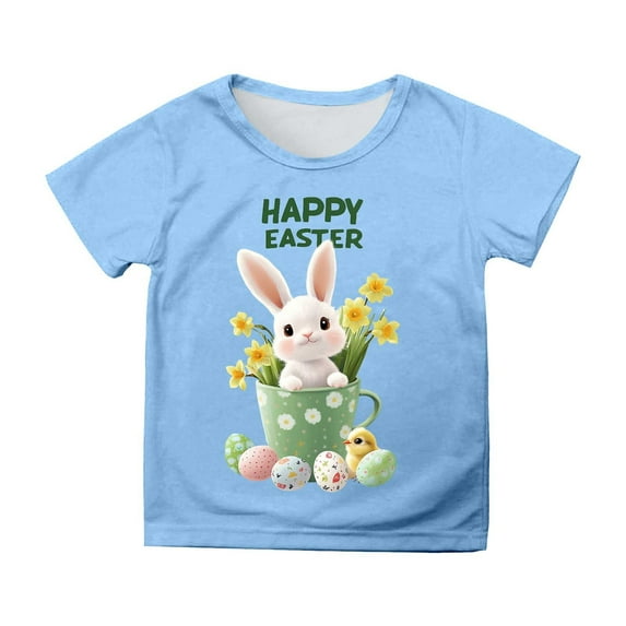 MIXUE Toddler Girls Tops & T-Shirts Kids Children Easter Bunny Round Neck Short Sleeve Casual Tops Pullover T Shirts Activewear,Blue,6-7 Years