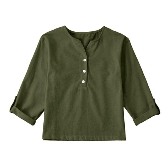 MIXUE Toddler Girls Tops & T-Shirts Kids Children Linen Solid Color V Neck Buttons Long Sleeve Loose Fit Tops Pullover Tee Shirts Sportwear,Green,7-8 Years