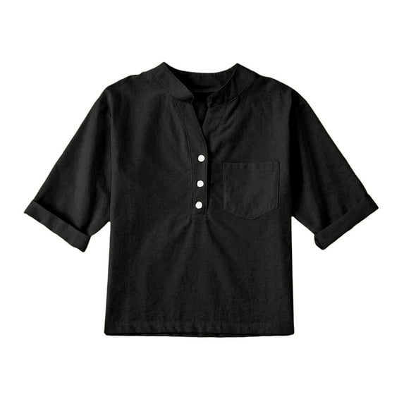 MIXUE Toddler Girls Tops & T-Shirts Kids Children Linen Solid Color V Neck Buttons Long Sleeve Loose Fit Tops Pullover Tshirts Holiday Wear,Black,5-6 Years